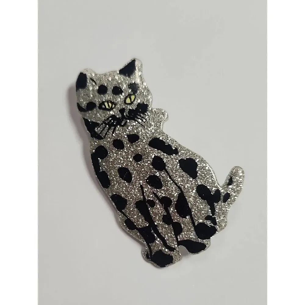 Glitter Silver & Black Cat Pin - Decorative Cat Brooch for Cat Lovers